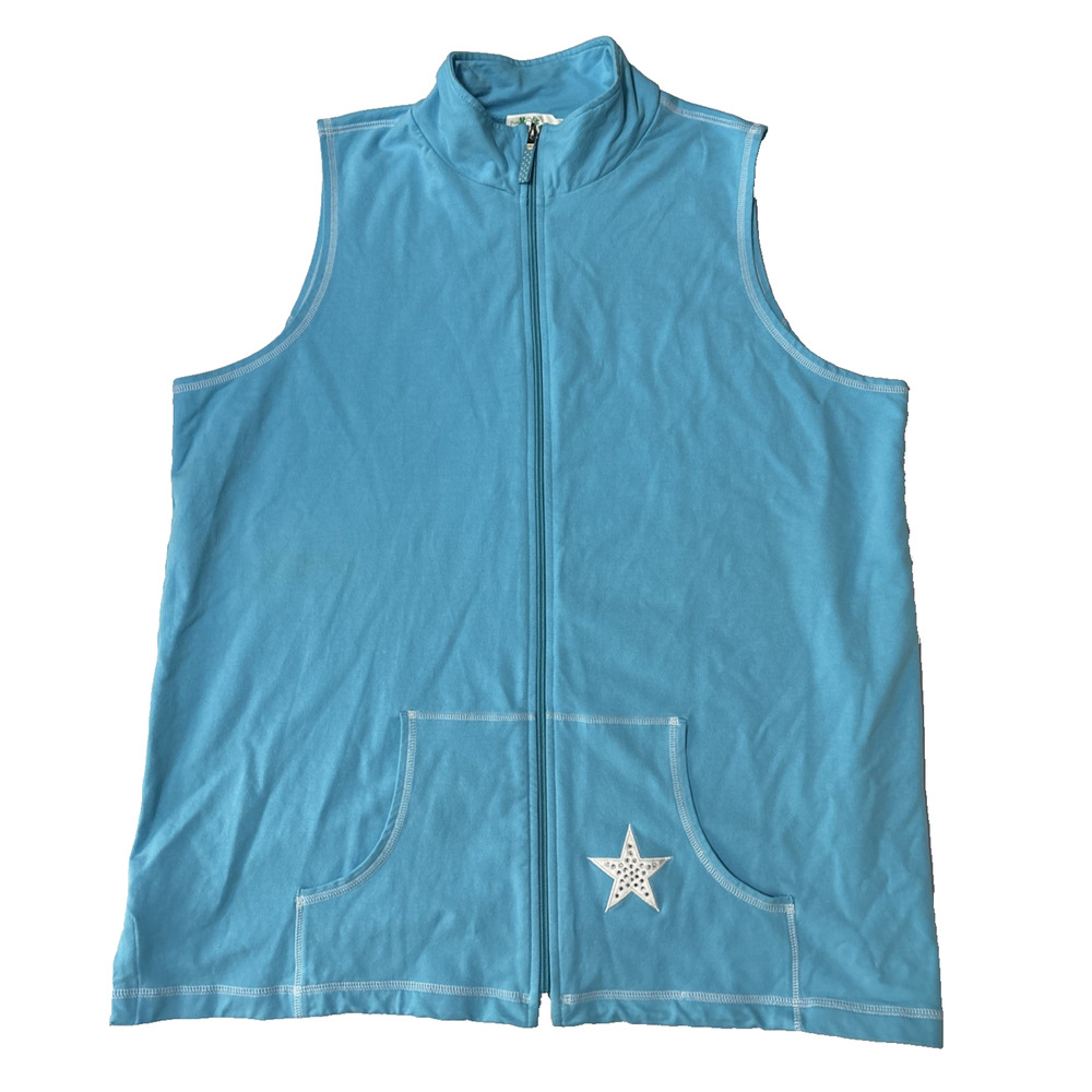 The Quacker Factory Women's 1X Blue Sleeveless Zip Up Top Athleisure‎ Resort